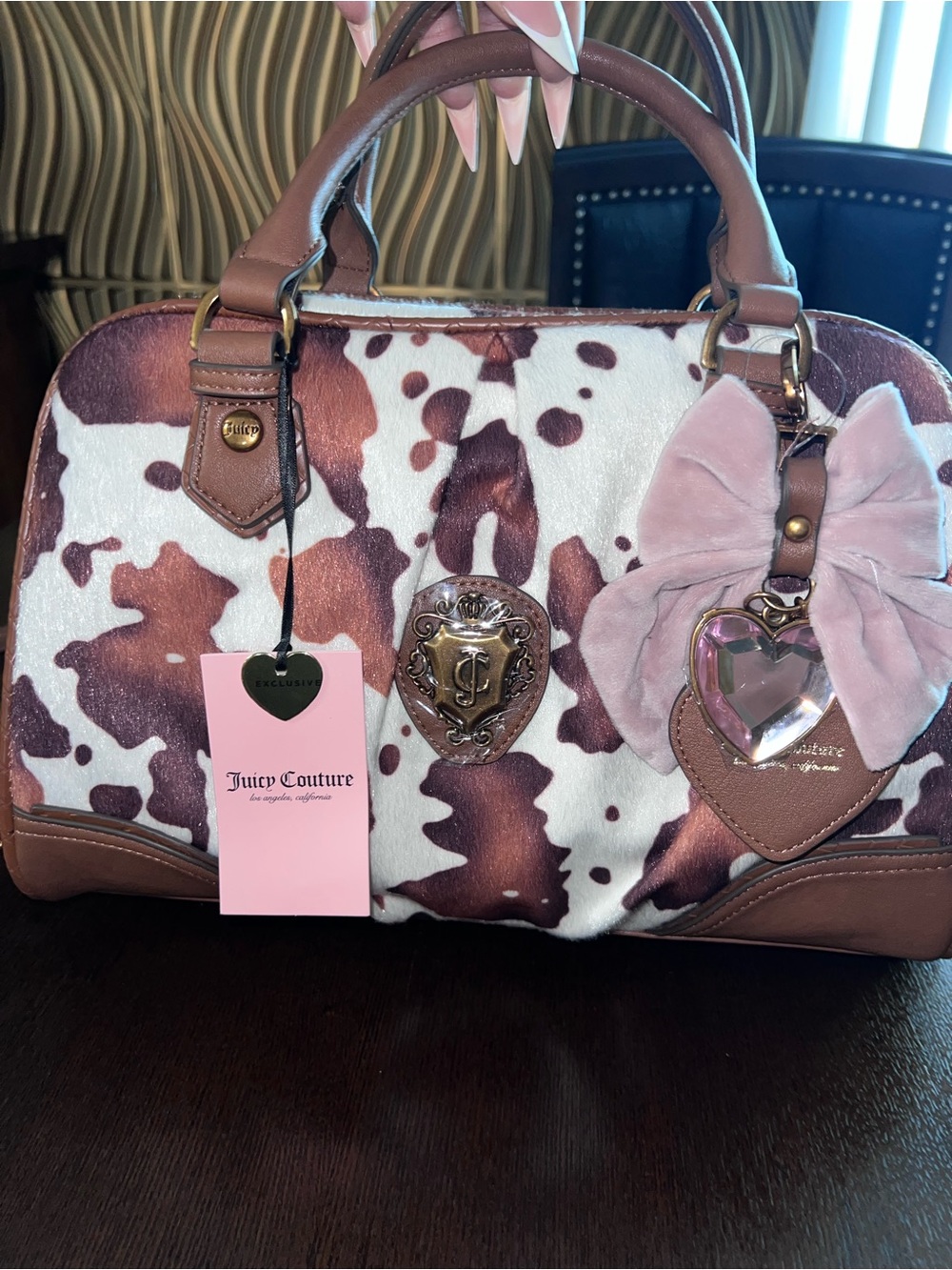 Juicy Couture Romance Brown & White Cowhide Satchel with Heart Charm NWT
